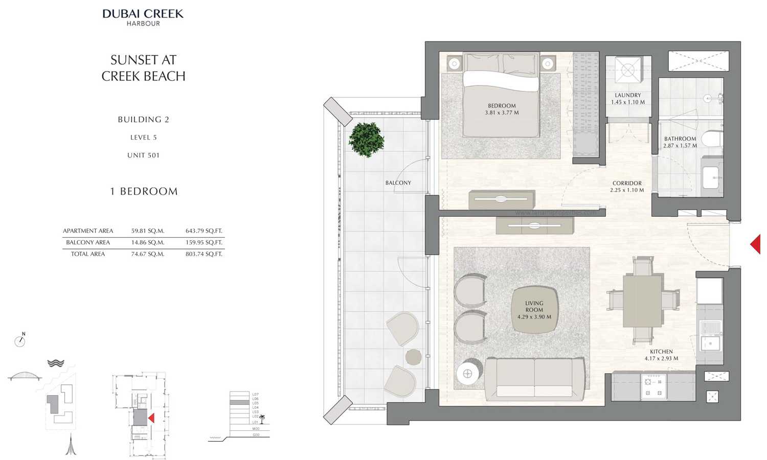 Building 2 - 1 Bedroom Level 5 Unit 502, Size 803.74 sq ft